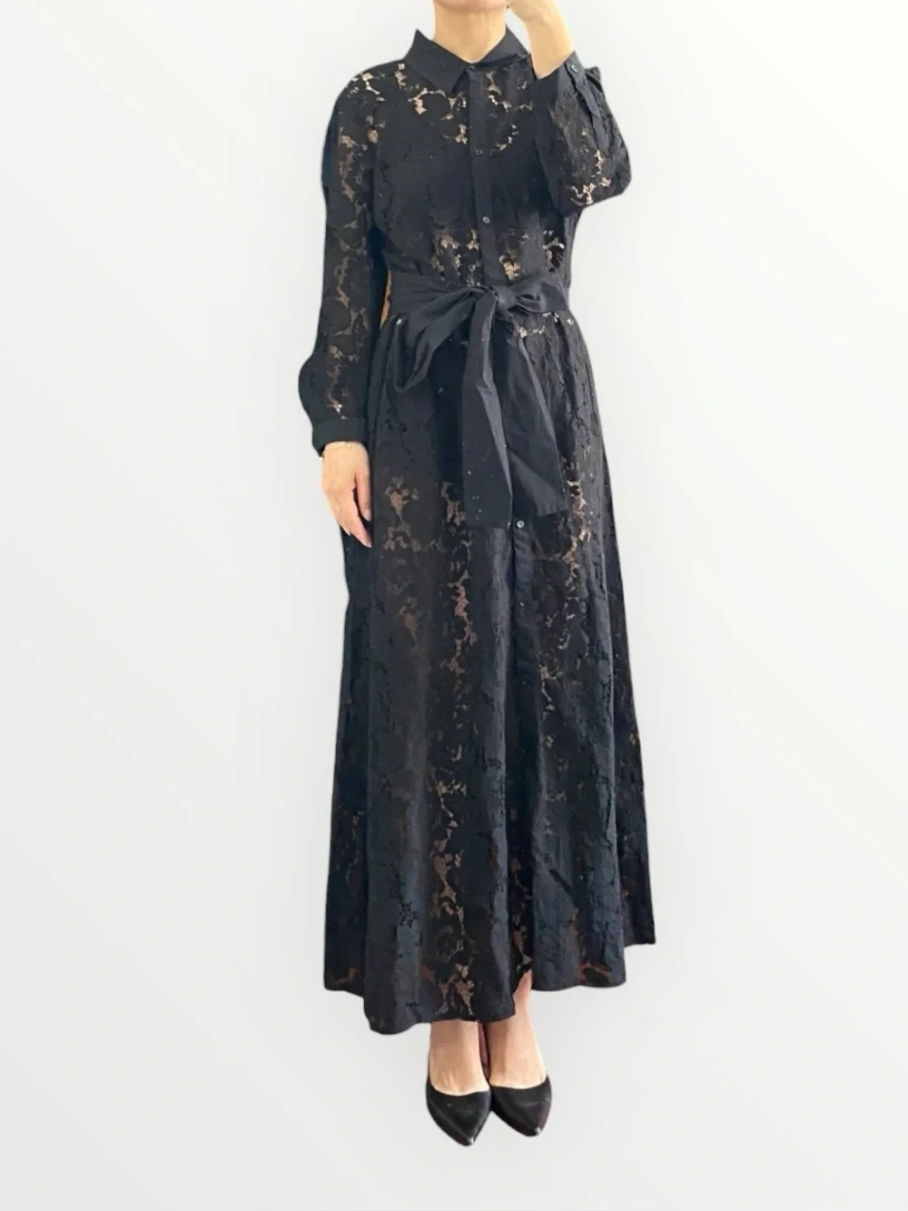 Zara Black Lace Collared Waist Tie Long Dress Size L - Picture 1 of 13